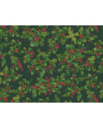 Allover Christmas Golden Holly Cotton Poplin, Green