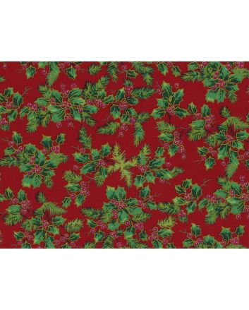 Allover Christmas Golden Holly Cotton Poplin, Red