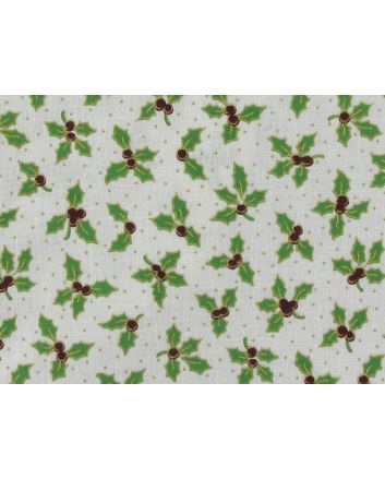 Allover Mini Chistmas Holly Cotton Print, Ivory