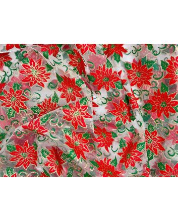 Christmas Foil Print Organza, Poinsettia