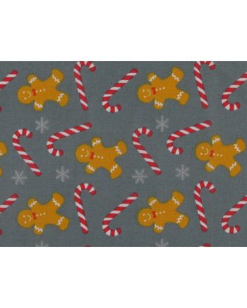 Christmas Gingerbread Men Polycotton Print, Grey