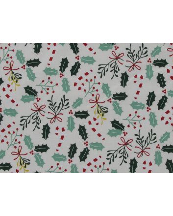 Christmas Holly Candy Cane Cotton Poplin Print, Ivory