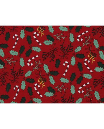 Christmas Holly Candy Cane Cotton Poplin Print, Red