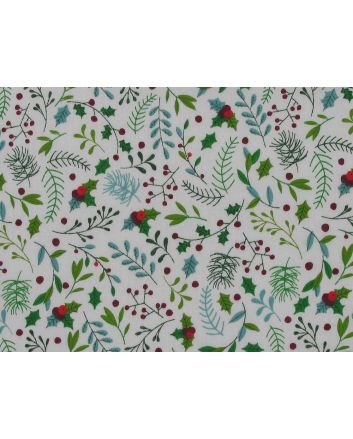 Christmas Holly Leaves Polly Cotton Print, White