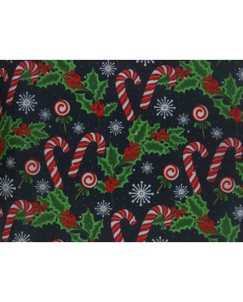 Christmas Holly Polyester Lining, Navy