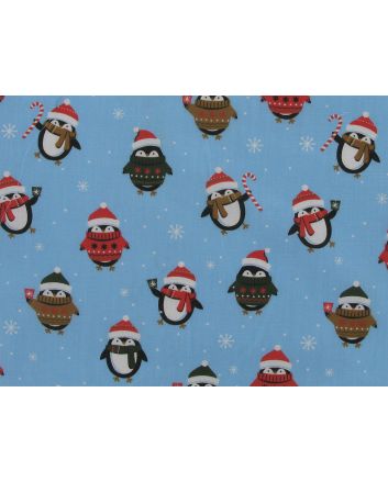 Christmas Jumper Penguins Polycotton Print, Sky
