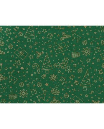 Christmas Present Doodle Gold Foil Cotton Print, Green