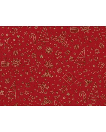 Christmas Present Doodle Gold Foil Cotton Print, Red