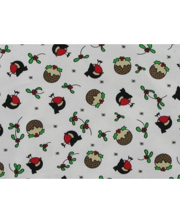 Christmas Robin Printed Cotton Needlecord, White