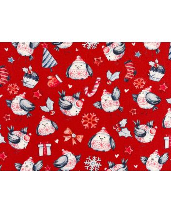 Christmas Robin Surprise Cotton Print, Red
