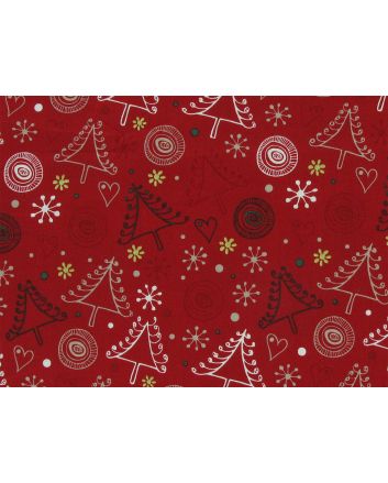 Christmas Tree Doodle Cotton Poplin, Red