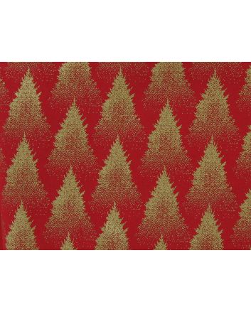Christmas Tree Forest Gold Foil Cotton Print, Red
