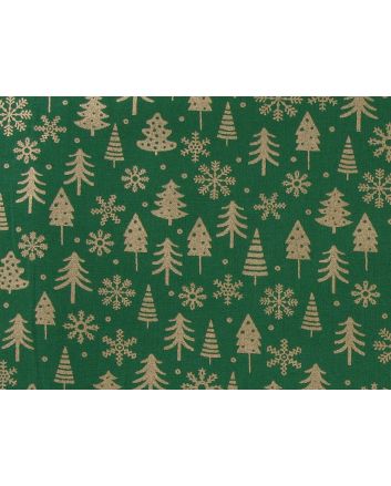 Christmas Tree Snowflake Gold Foil Cotton Print, Green