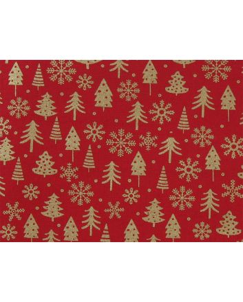 Christmas Tree Snowflake Gold Foil Cotton Print, Red