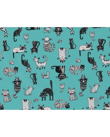 Clever Cats Cotton Poplin Print, Aqua