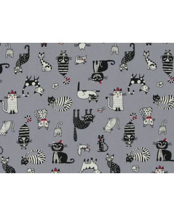 Clever Cats Cotton Poplin Print, Grey