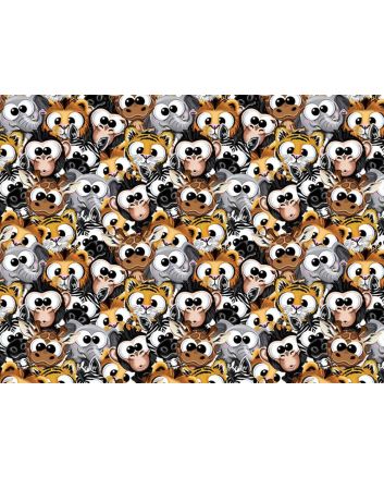 Cuddly Animal Crowd Cotton Print, Yellow and Grey