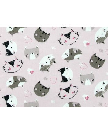 Cute Cat Face Cotton Poplin Print, Light Pink