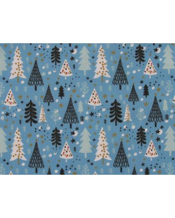 Deco Christmas Tree Forest Polycotton Print, Blue