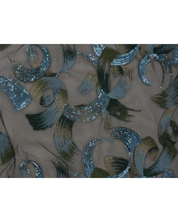 Energetic Swirl Embroidered Sequin Tulle, Teal