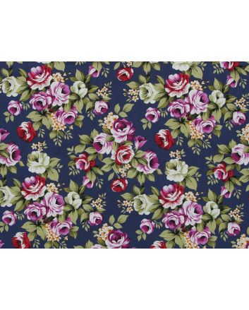 English Rose Bouquet Cotton Poplin Print, French Navy