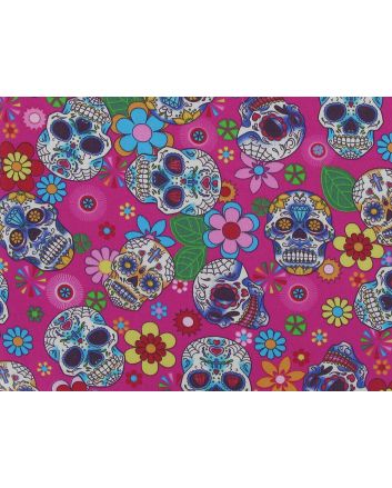 Floral Skull Cotton Poplin Print, Cerise