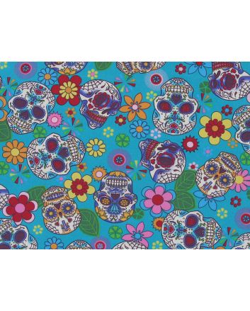 Floral Skull Cotton Poplin Print, Turquoise