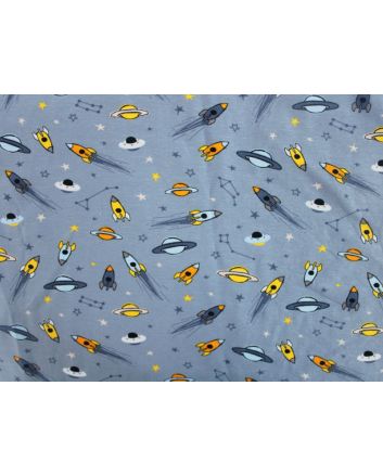 Flying Space Rockets Cotton Jersey, Blue