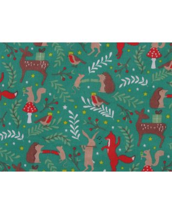 Forest Animal Christmas Party Polycotton Print, Green