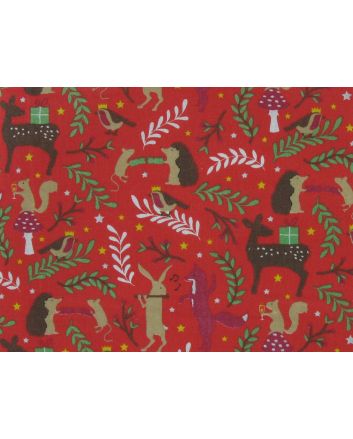 Forest Animal Christmas Party Polycotton Print, Red