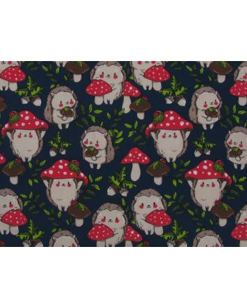 Hedgehog Toadstool Polycotton Print, Navy