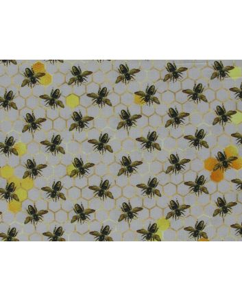 Honeycomb Busy Bees Cotton Print, Silver