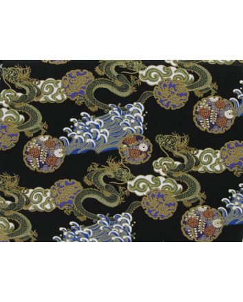 Isumi Japanese Foil Cotton Print, Dragon Symbol, Black