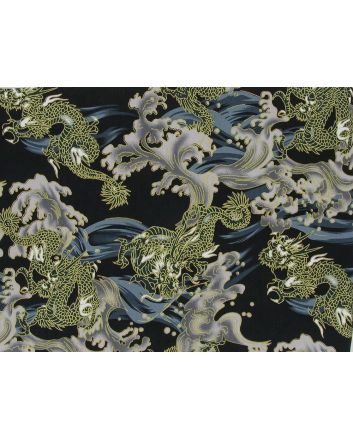 Isumi Japanese Foil Cotton Print, Dragon Wave, Black