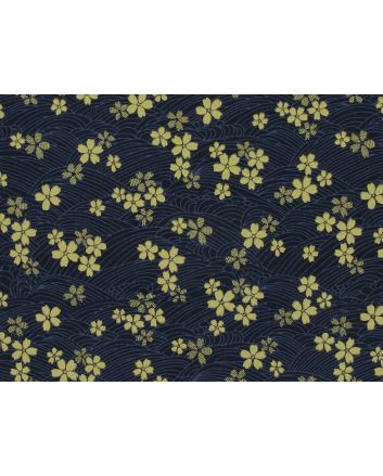 Isumi Japanese Foil Cotton Print, Floral Blossom Waves, Navy