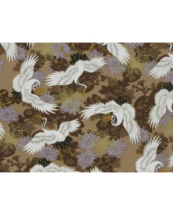 Isumi Japanese Foil Cotton Print, Floral Crane, Beige