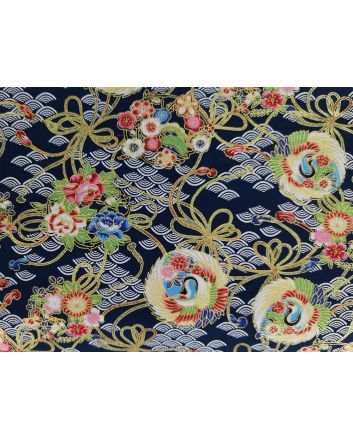 Isumi Japanese Foil Cotton Print, Flying Crane, Blue