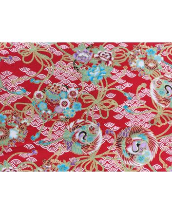 Isumi Japanese Foil Cotton Print, Flying Crane, Red