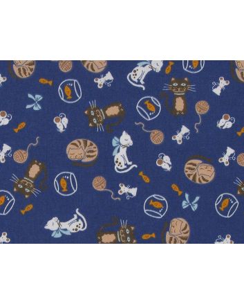 Kitty Snooze Polycotton Print, Blue