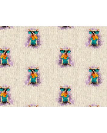 Linen Look Printed Panama, Chihuahua Glasses, Blue