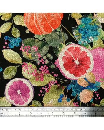 Linen Look Printed Panama Fruit Garden, Black