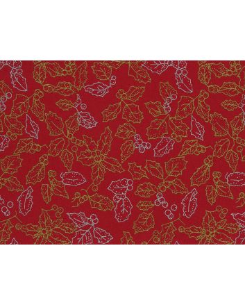 Metallic Foil Christmas Cotton, Holly Outline, Red