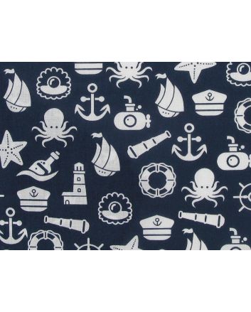 Nautical Adventure Polycotton Print, Navy and White