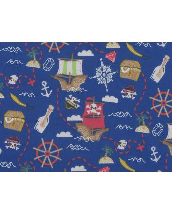 Pirate Ship Treasure Hunt Polycotton Print, Navy
