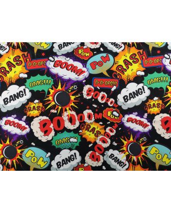 Printed Bi-Stretch Panama, Boom Pow Wow, Black
