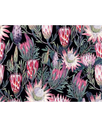 Protea Flowers Printed Velvet, Black