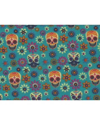 Psychedelic Floral Skulls Polycotton, Aqua