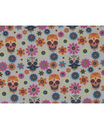Psychedelic Floral Skulls Polycotton, Grey