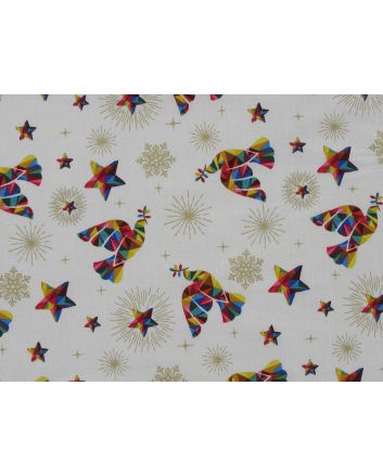  Rainbow Christmas Metallic Cotton Print, Doves, Cream
