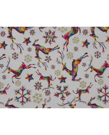 Rainbow Christmas Metallic Cotton Print, Reindeer, Cream